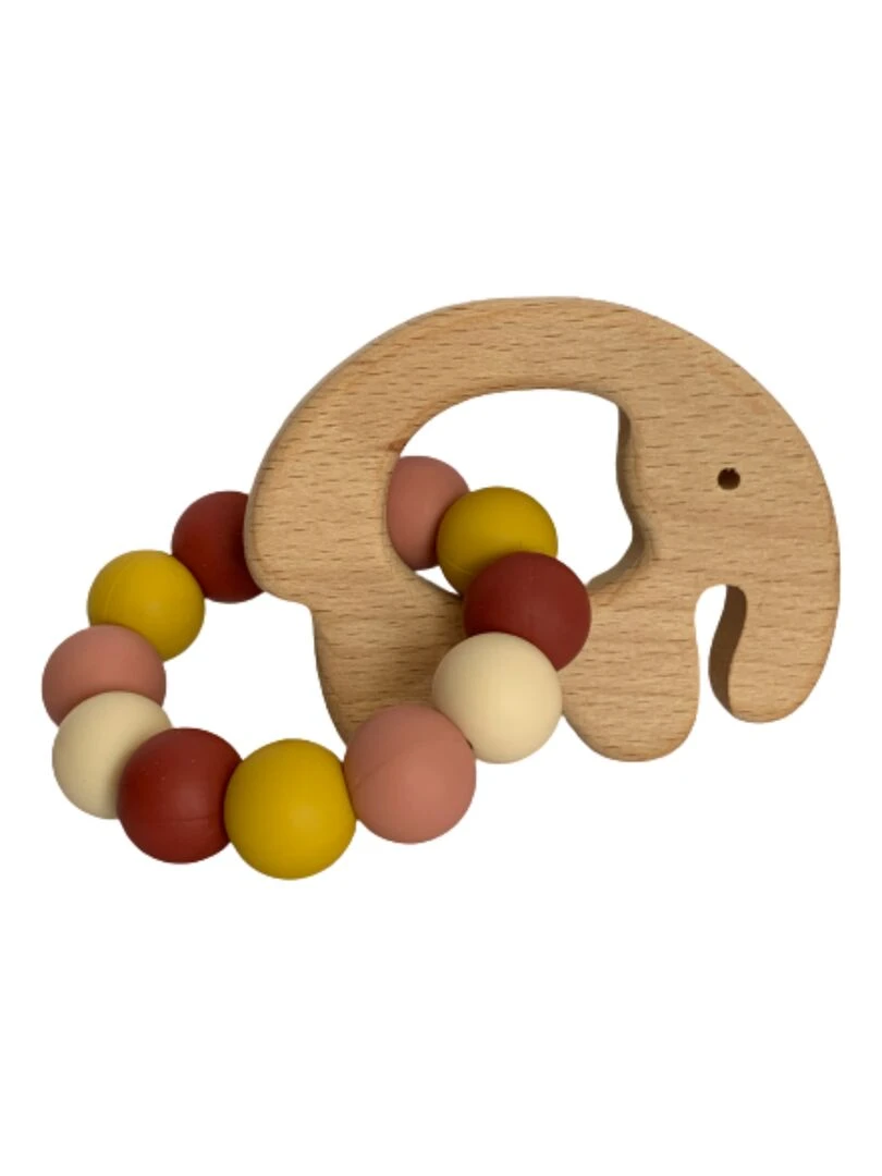 Hochet éléphant bois et silicone Vieux rose