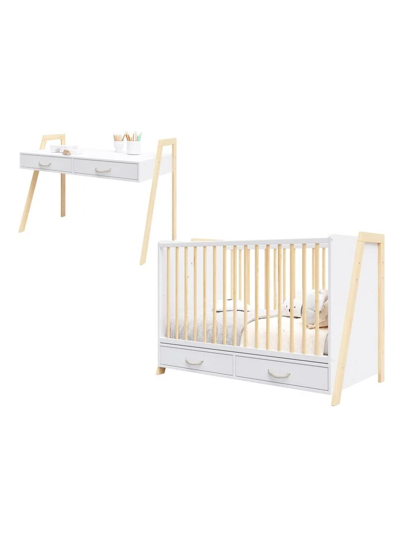 Lit bébé évolutif et Bureau 2 en 1  LIV   120x60 cm   Blanc