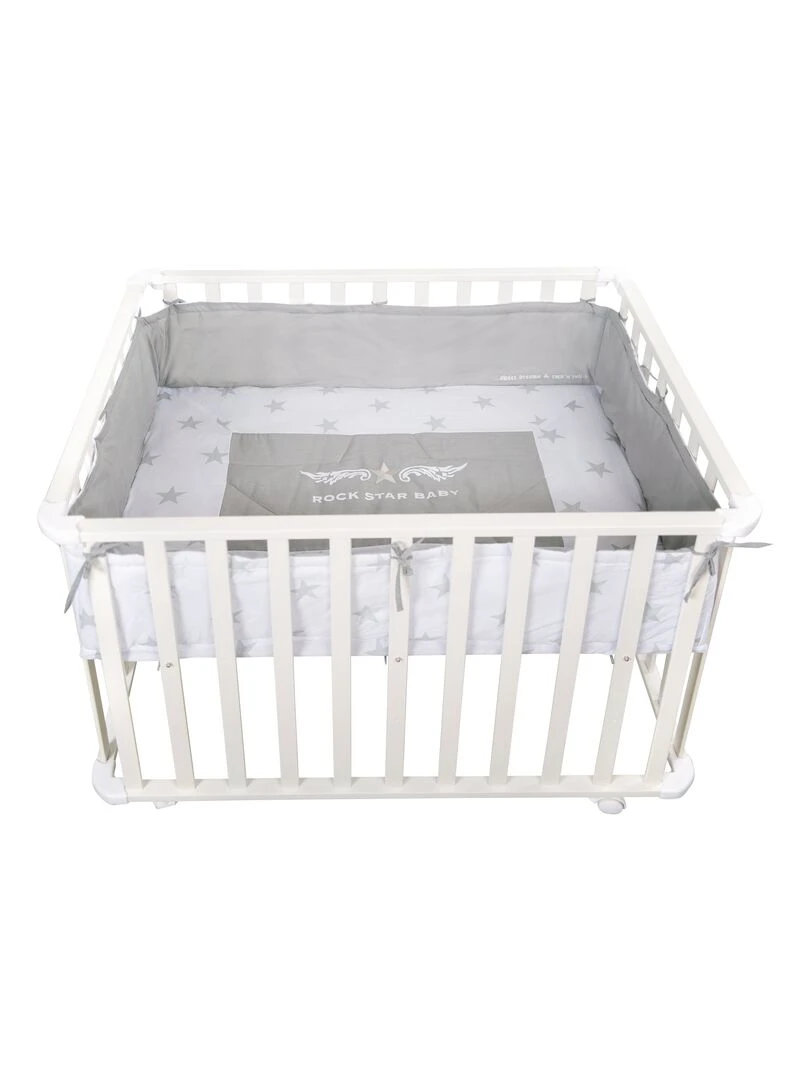 ROBA Parc Bébé en Bois 75x100 "Rock Star Baby" + Tapis de Parc Bébé et Roues à Freins Blanc Blanc