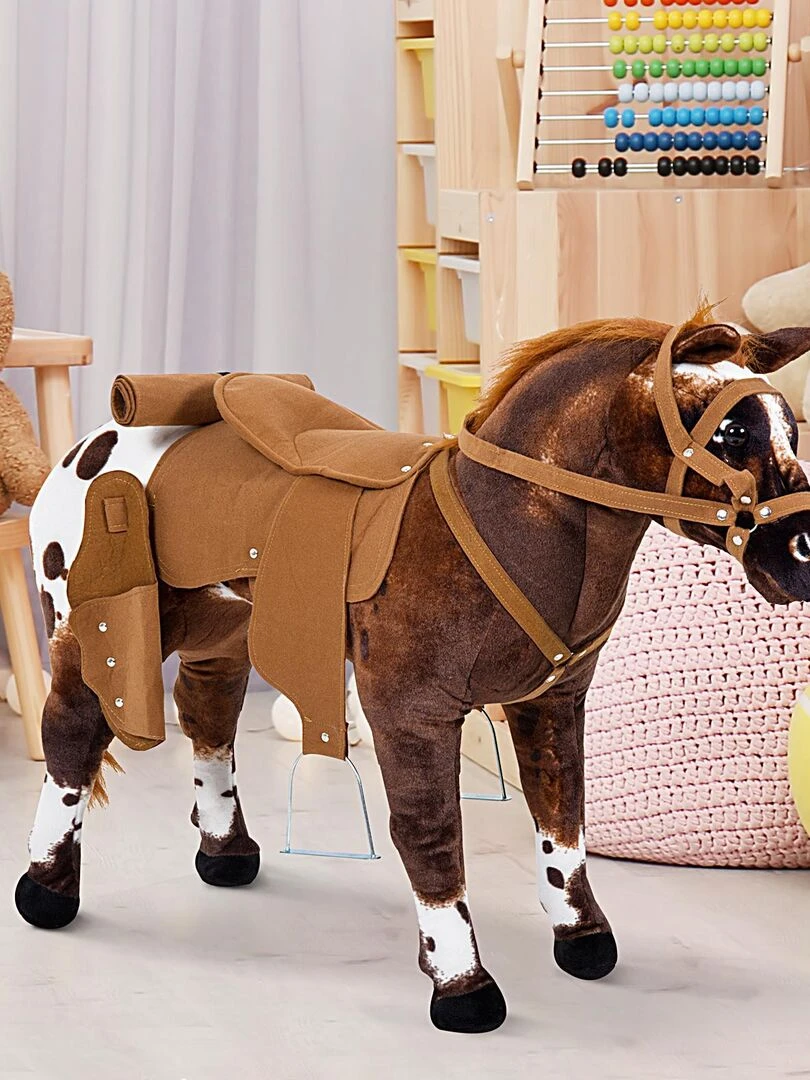 Cheval debout en peluche effets sonores marron blanc   Marron