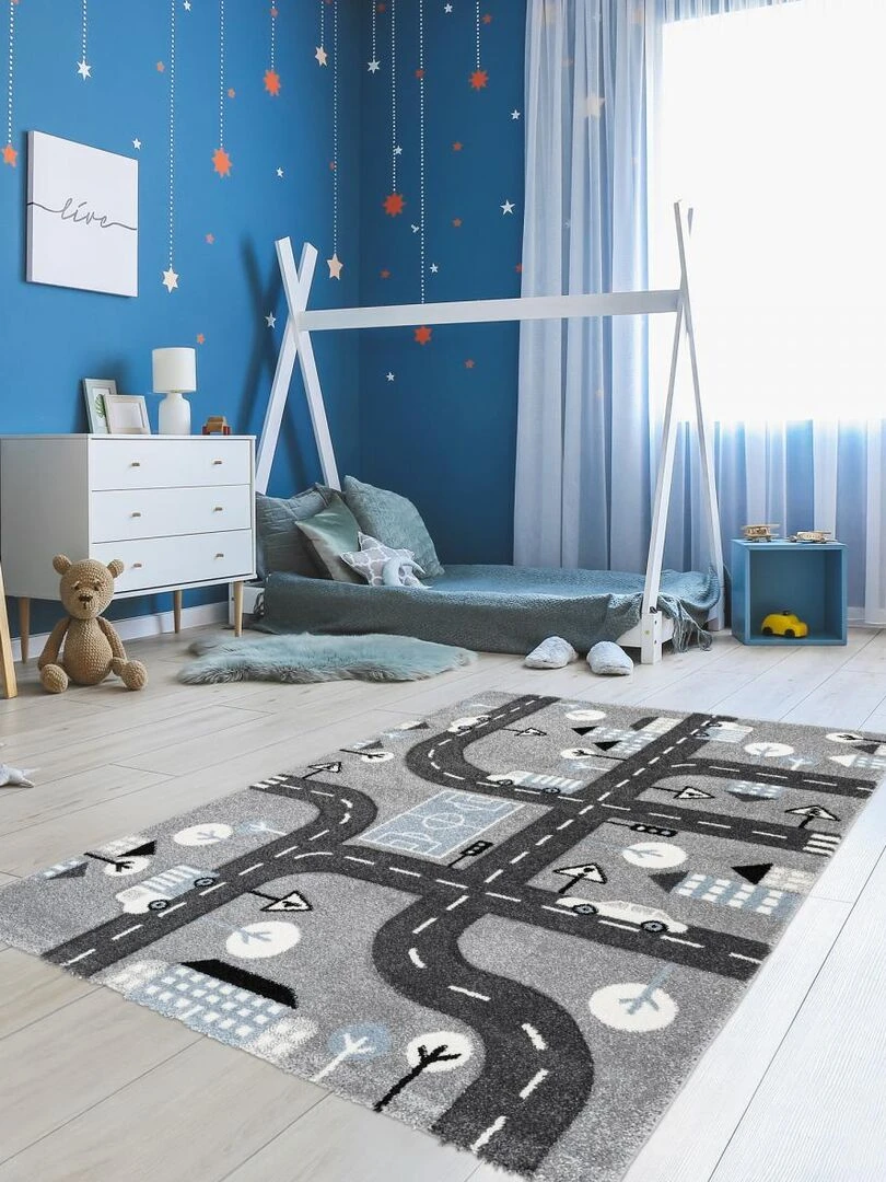 Tapis enfant CITY ROAD LL en polypropylène doux et soyeux   Gris