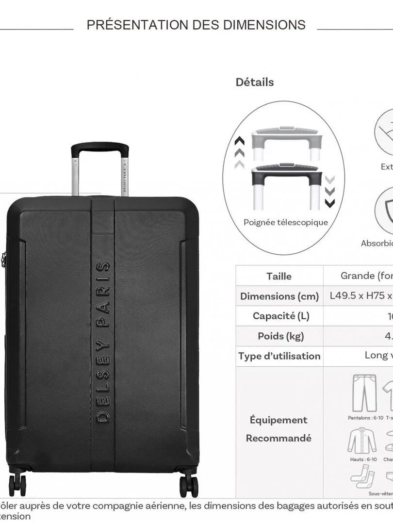 Grande valise rigide extensible Départ TSA 75cm ABS Noir