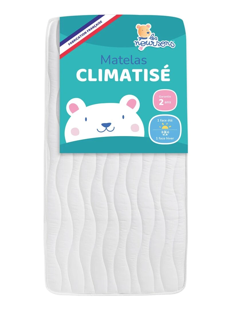 Matelas Bébé Climatisé 60x120 cm Réversible 1 face Été fraîche / 1 face Hiver ouatinée Blanc