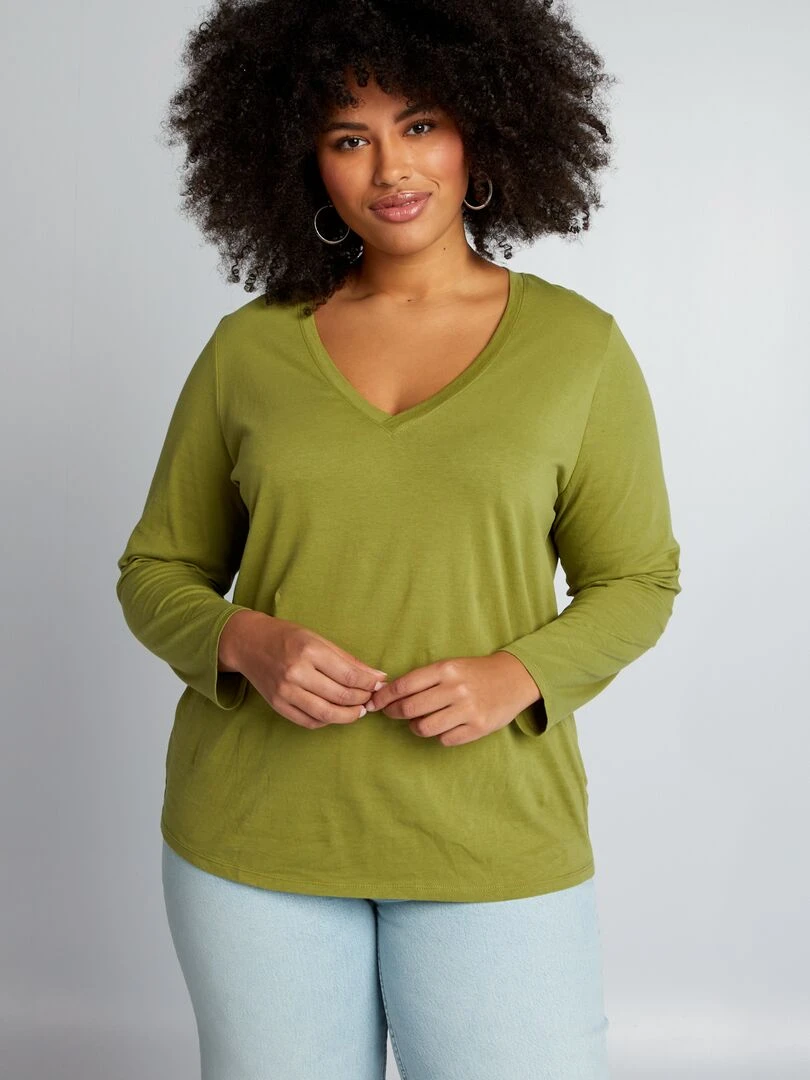 Tee shirt basique manches longues et col V Vert