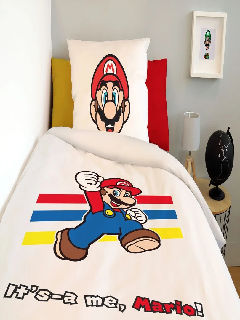 Housse de couette Mario & Luigi 140x200 cm et taie d'oreiller   100% Coton   Blanc