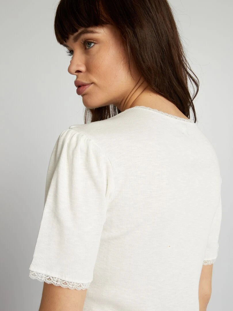 T shirt côtelé avec finition dentelle   blanc