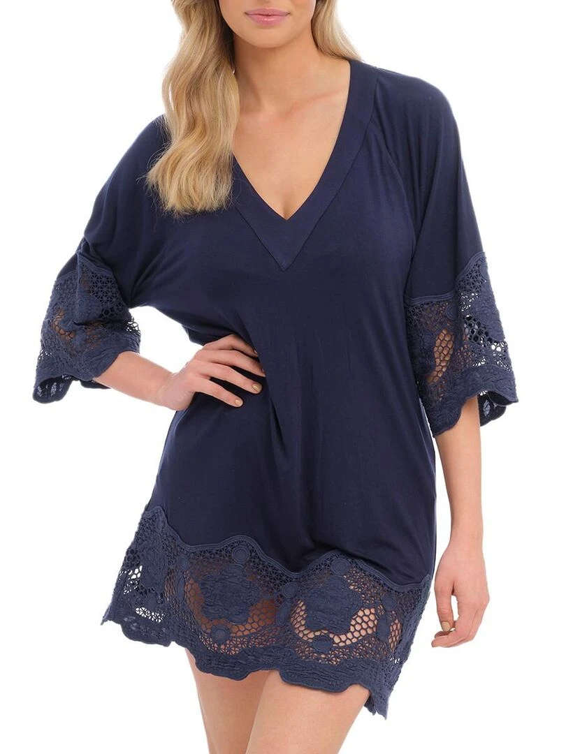Robe de plage tunique avec guipure Dione Bleu