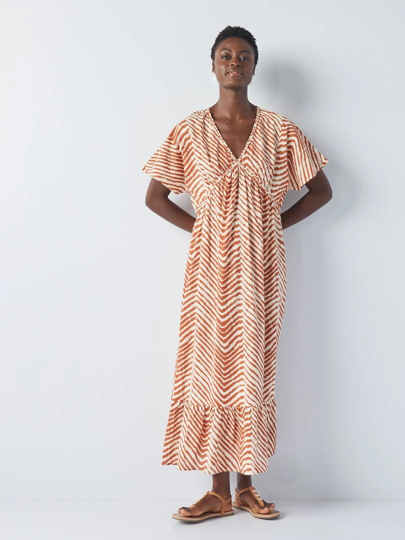 Robe maxi imprimée en voile de coton Orange/blanc
