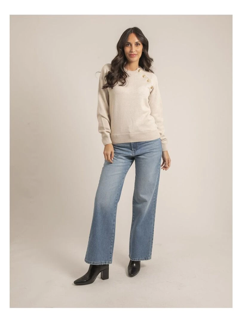 Pull col rond pur coton KORDINE   Beige