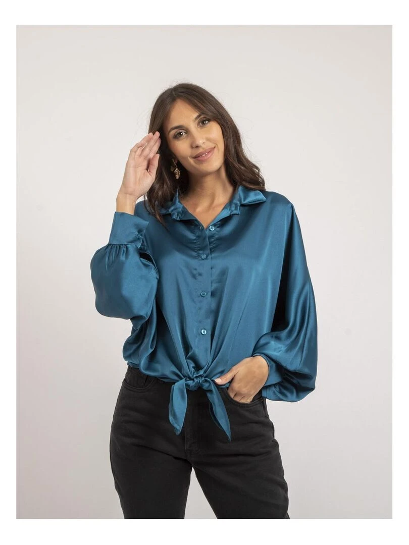 Chemise satin à nouer OBANA Bleu canard