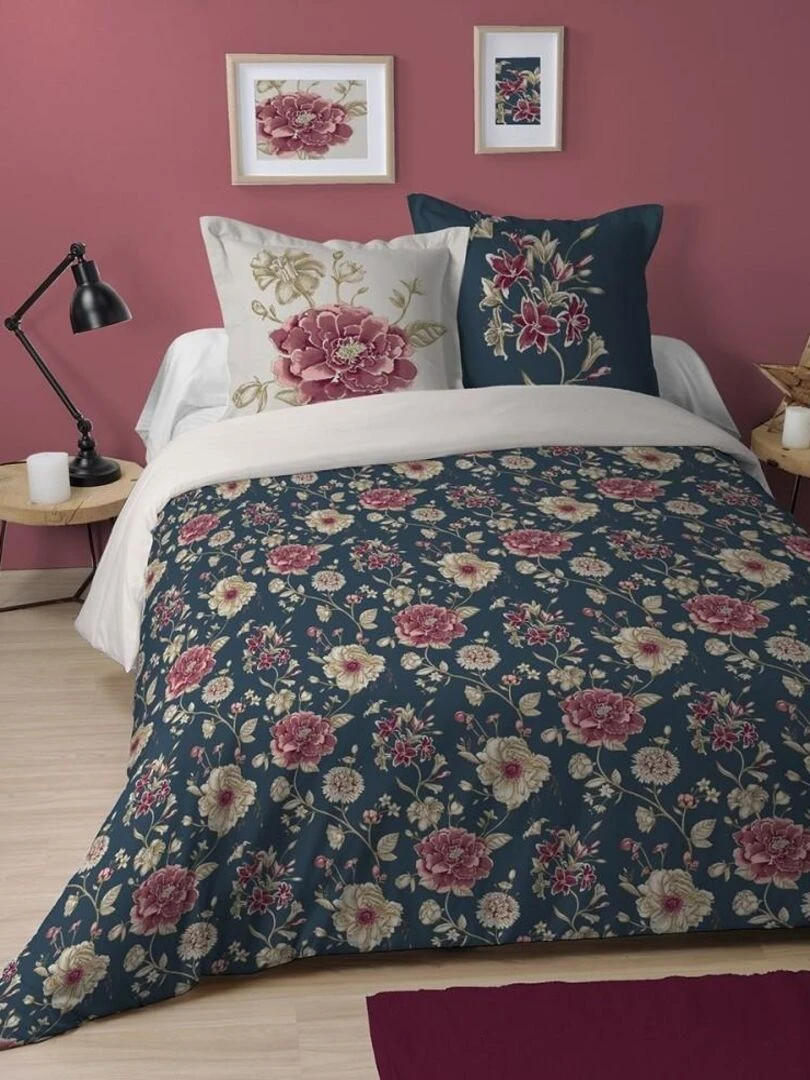 Housse de couette Flore + taie(s) coton 57 fils Bleu