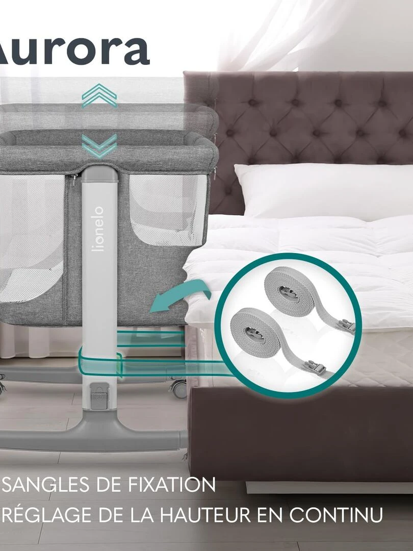 LIONELO Aurora   Lit bébé 3en1   Réglable en hauteur et inclinaison   Matelas et sac inclus   gris anthracite