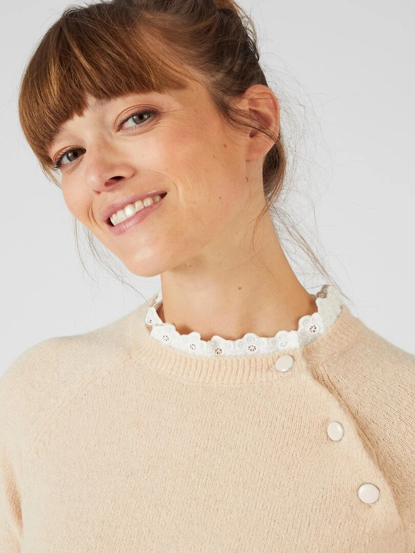 Pull mélange alpaga col broderie anglaise Damart Blanc Ecru Blanc