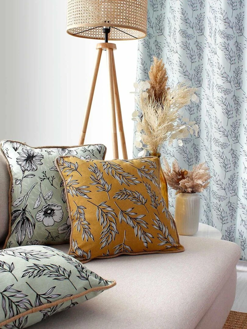 Coussin imprimé et galonné en corde de jute   Jaune