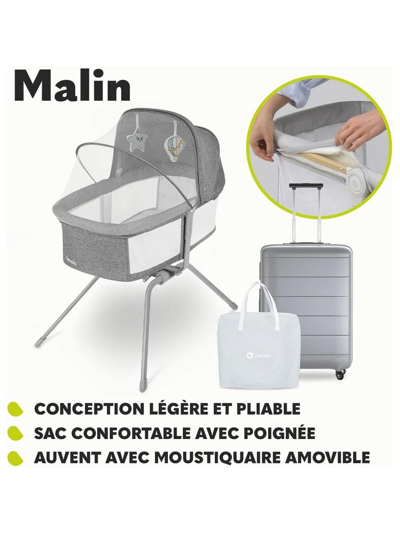 LIONELO Malin   Lit Bébé   Berceau   Lit parapluie   Jusqu'à 9kg   Avec matelas   Sac de transport   Gris Blanc