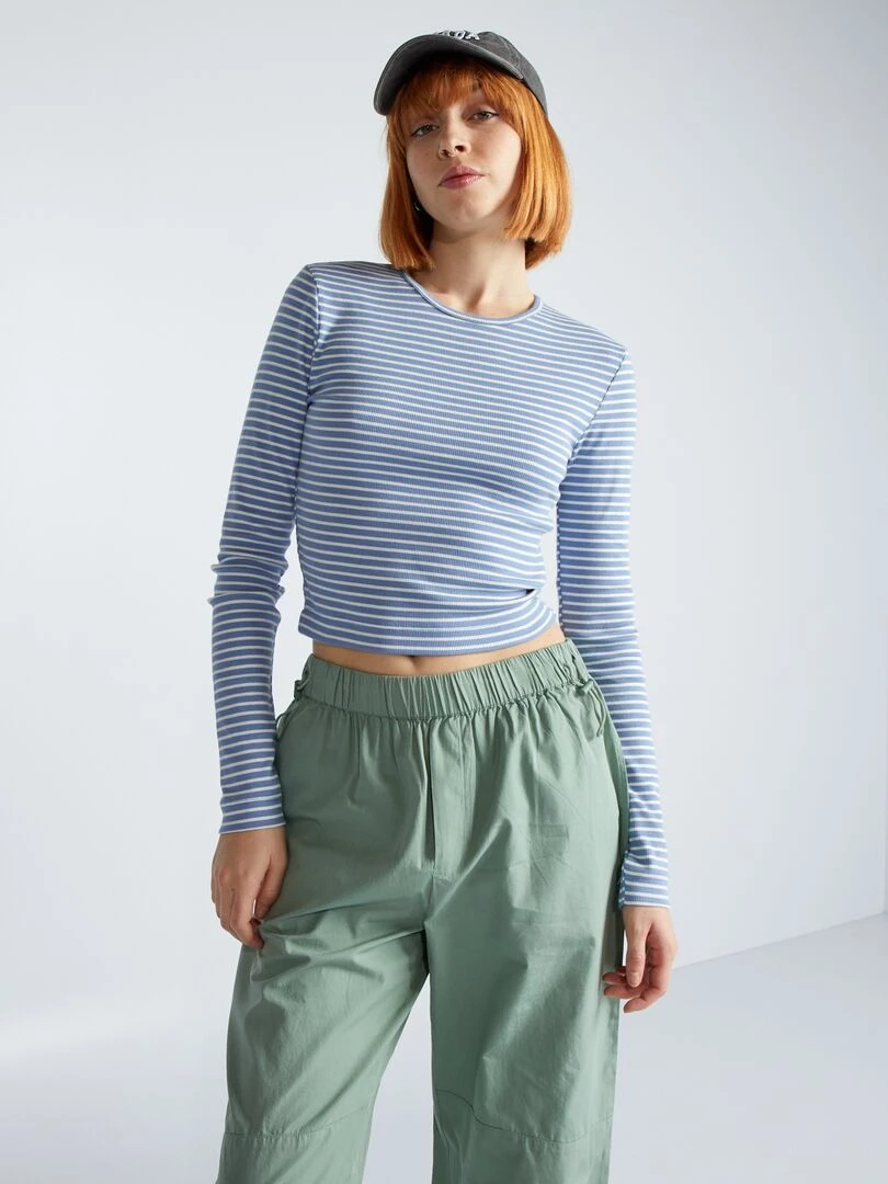 Crop top côtelé à rayures Bleu/blanc
