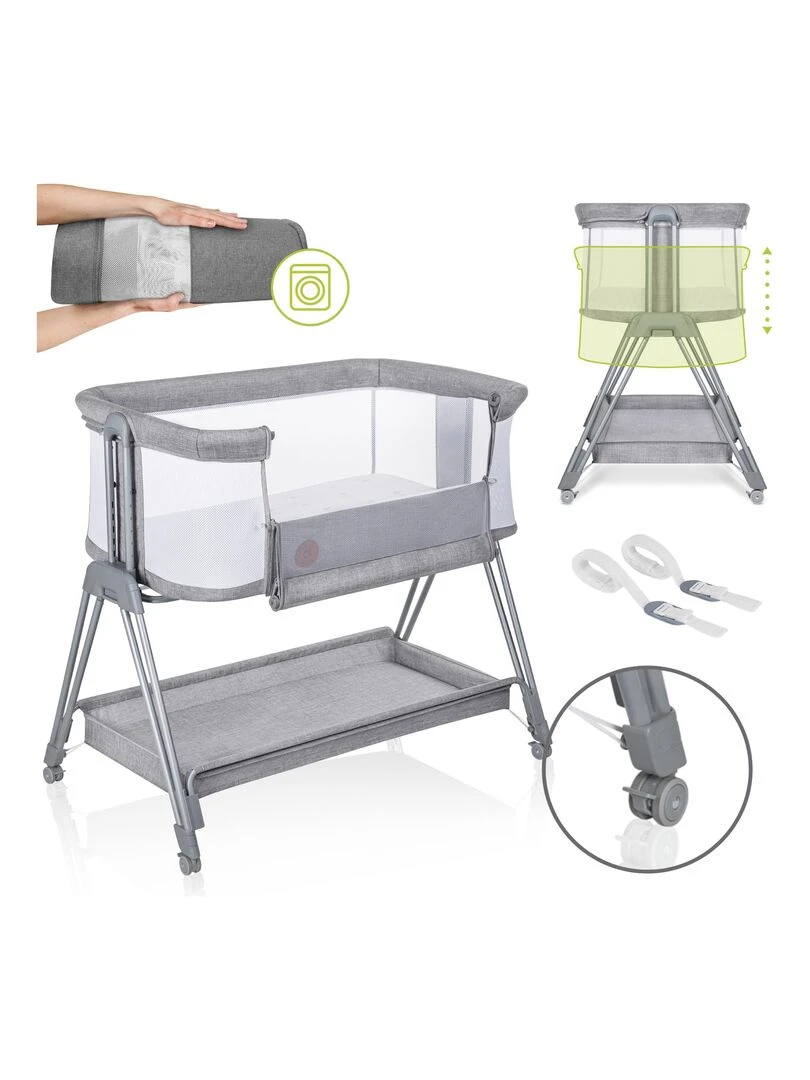 LIONELO Luna Lit évolutif cododo avec matelas De 0 Kg à 9 Kg Hauteur et inclinaison réglables Gris