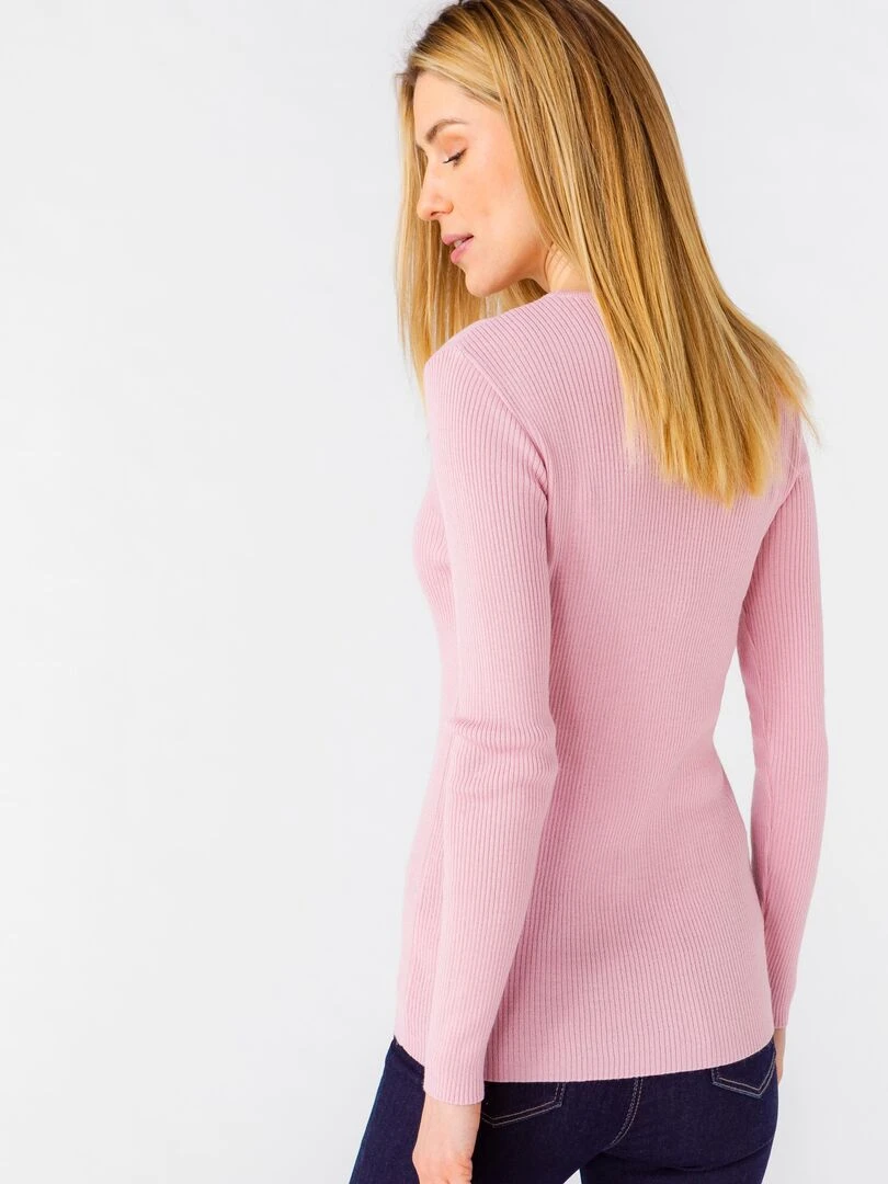 Pull col rond 50% laine mérinos uni et rayé Damart Rose