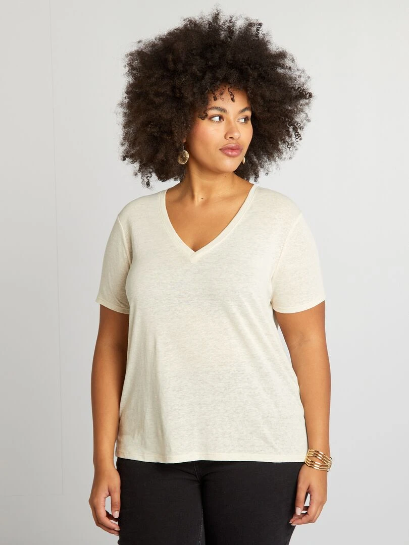 T shirt uni en lin mélangé   Beige