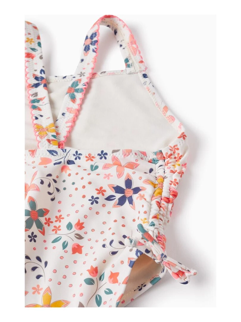 Maillot de Bain UPF80 avec Motif Floral pour Fille   Blanc