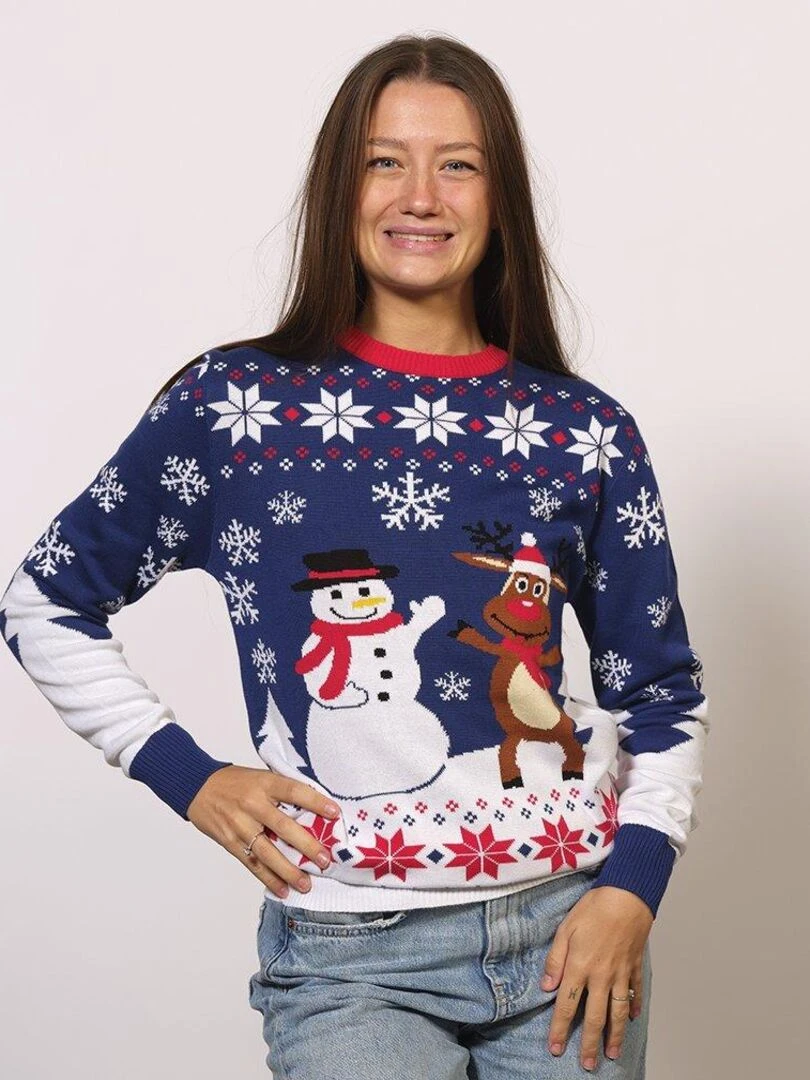 Pull de Noël "Nouveaux copains"   100% coton BIO   Bleu Blanc