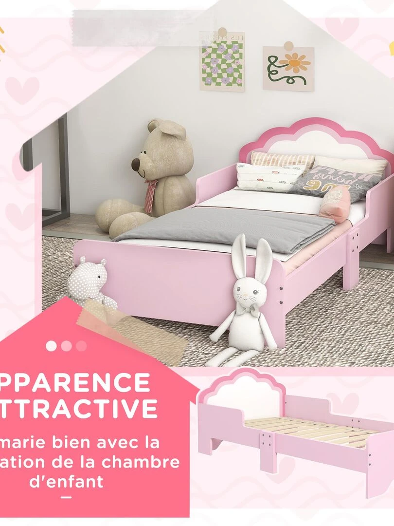 Lit enfant design girly motif nuage avec sommier à lattes rose blanc   Rose