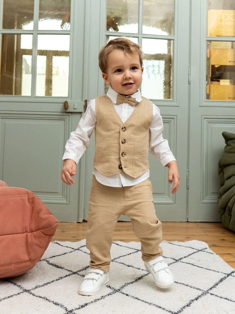 Ensemble chemise + pantalon + gilet + nœud papillon 3 pièces Beige