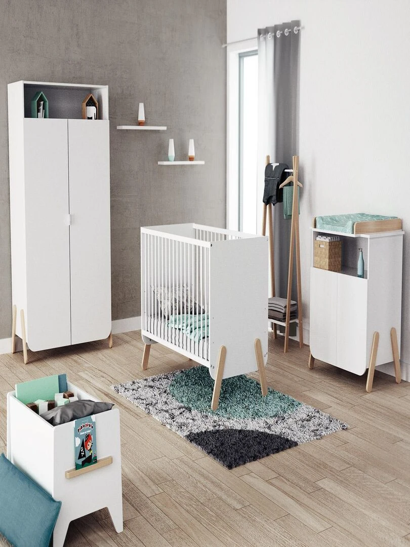 AT4    Lit bébé Pirate en bois Blanc et Hêtre 60 x 120 cm   Marron clair