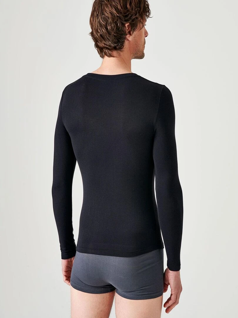 T shirt col V manches longues fine côte Thermolactyl Sensitive   Damart   Noir