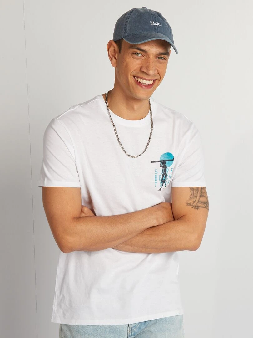 T shirt en coton imprimé à col rond   Blanc