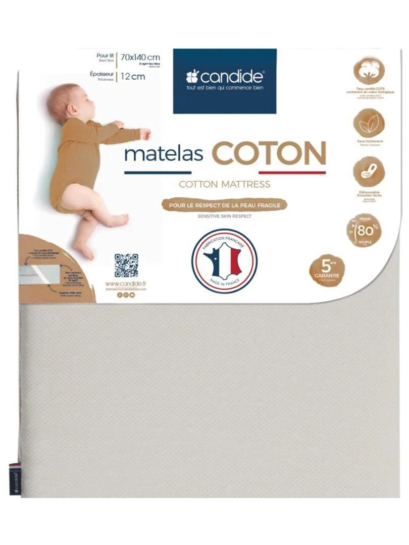 Matelas Bébé Organic Coton 70 cm x 140 cm x 12 cm Beige