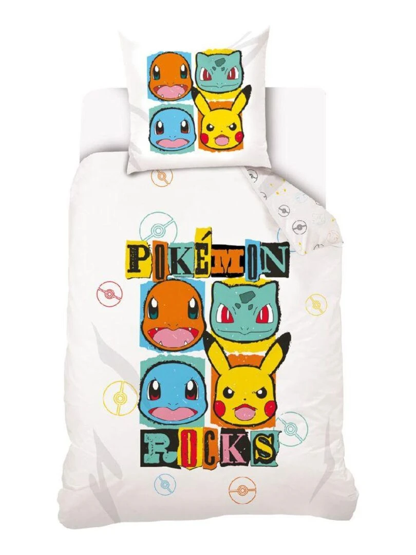 Parure de lit Pokemon Rocks 100% coton 140x200 cm Blanc