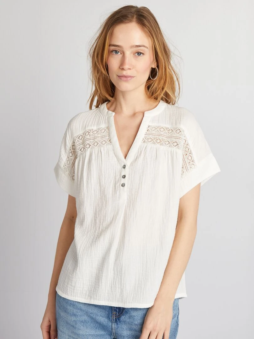 Blouse à manches courtes en gaze de coton   blanc