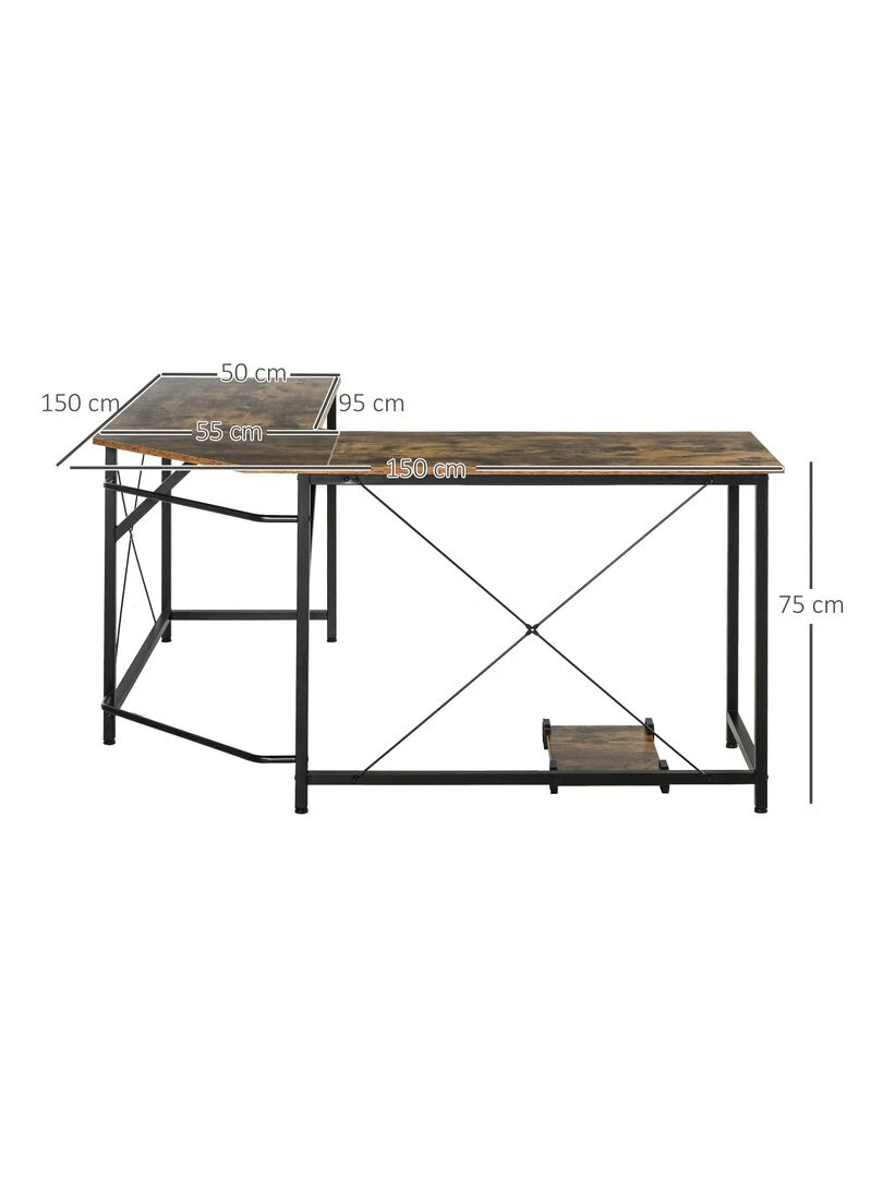 Bureau d'angle informatique design industriel aspect vieux bois métal noir   Marron