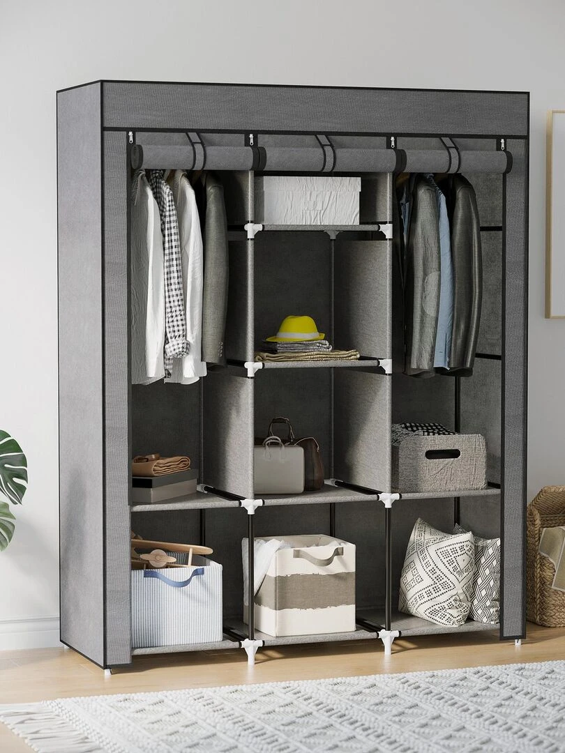Armoire penderie multi rangement 8 étagères 2 barres non tissé Gris