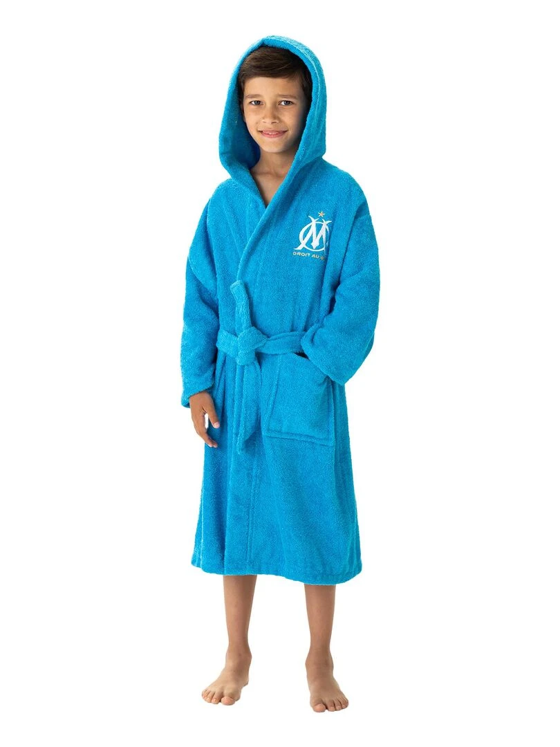 Peignoir enfant à capuche brodé 100% coton OM ALLEZ Bleu ciel