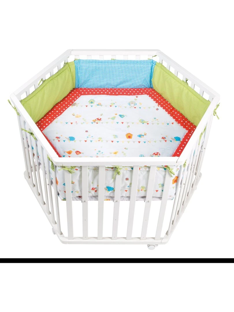 ROBA Parc Bébé Hexagonal + Tapis de Parc "Waldhochzeit" Bois Blanc Blanc