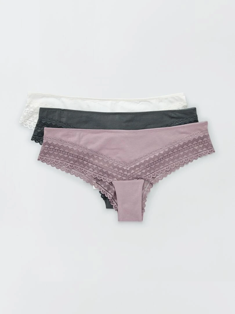 Lot de 3 tangas coton dentelle rose grisé/écru/vert