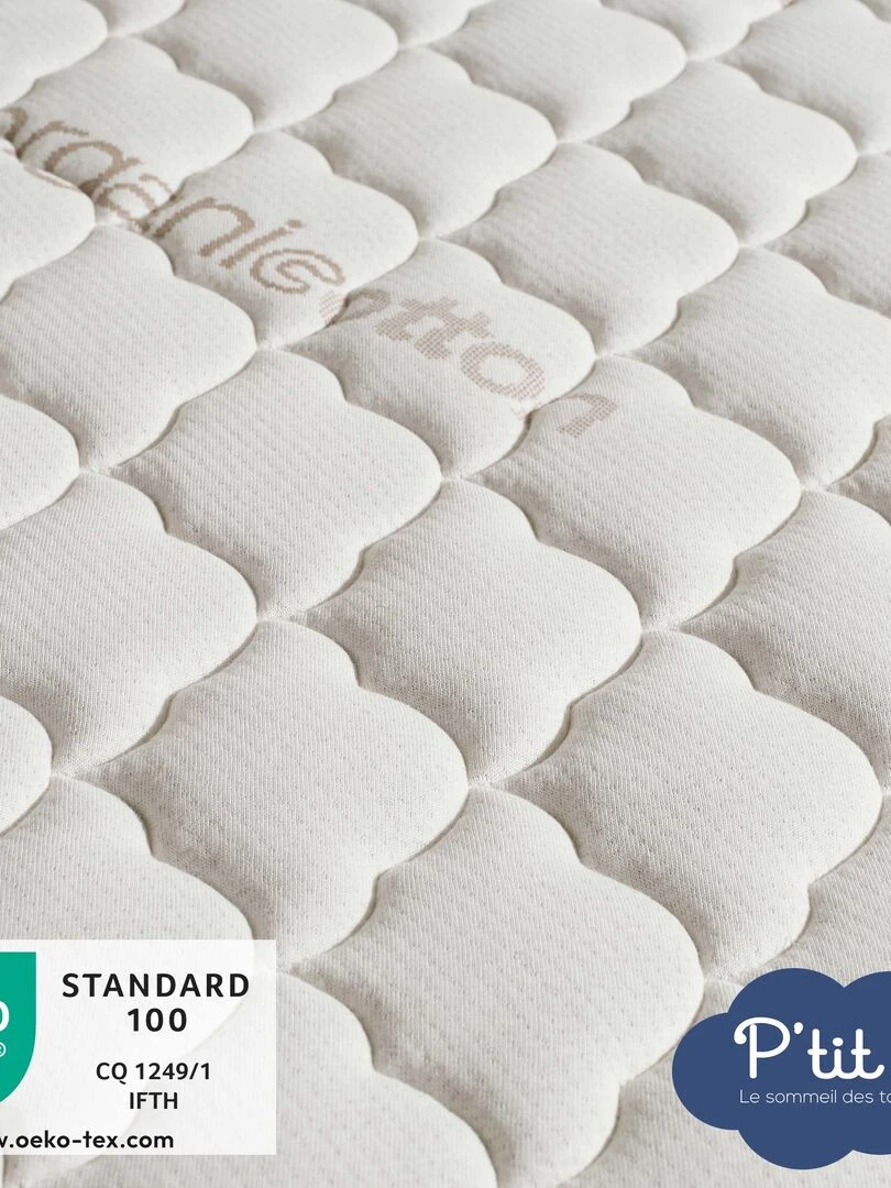 Matelas Bébé Coton Bio   60x120x10 cm   Déhoussable   Blanc