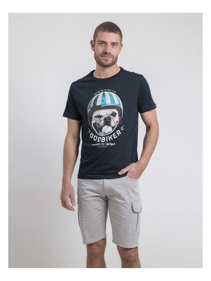 T shirt col rond pur coton NAMATOU   Bleu marine