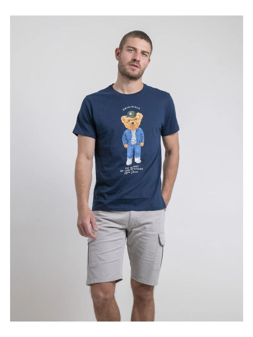 T shirt col rond pur coton NOBENITO Bleu