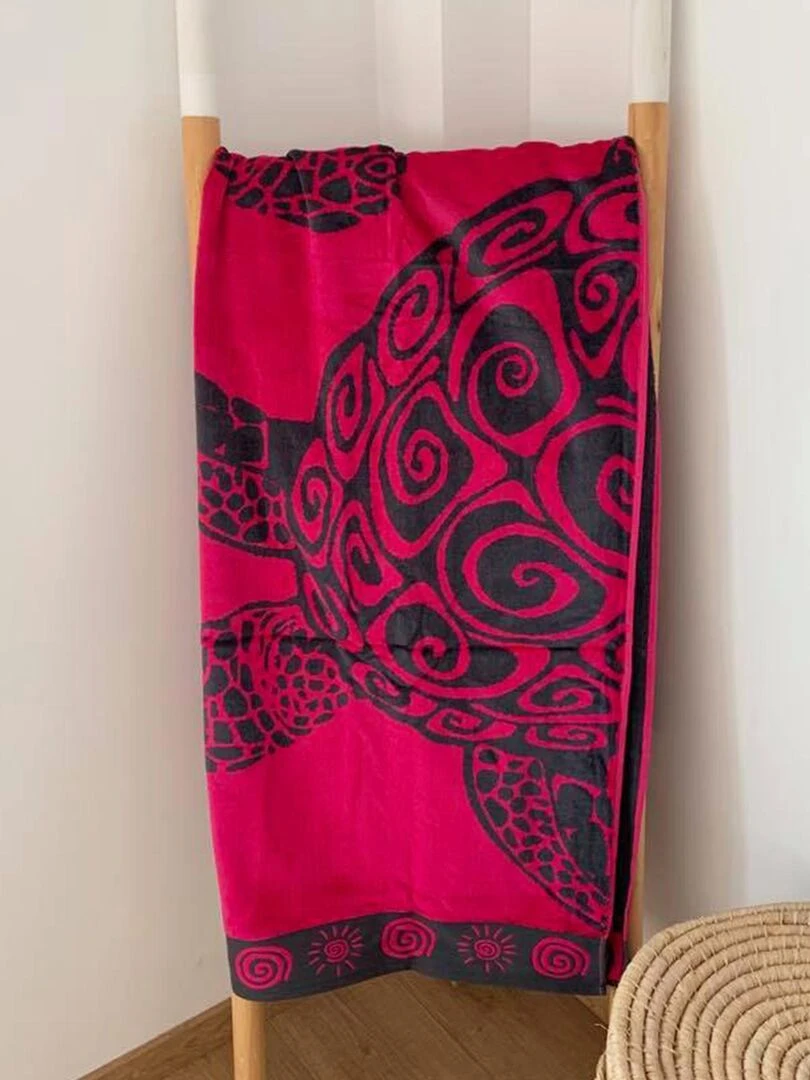 Serviette de plage éponge velours Jacquard Fuchsia Turtle L 100x175 470g/m² Rose fushia