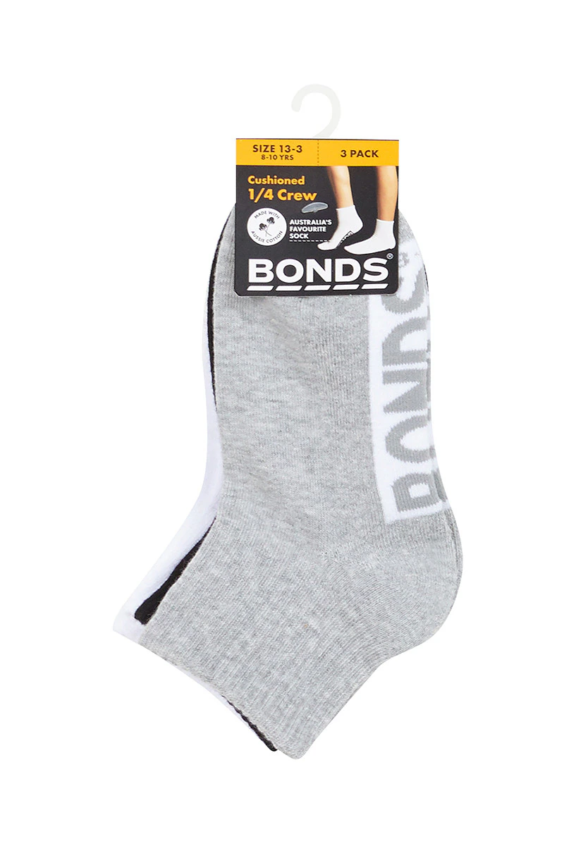 Kids Cushioned Quarter Crew Socks 3 Pack