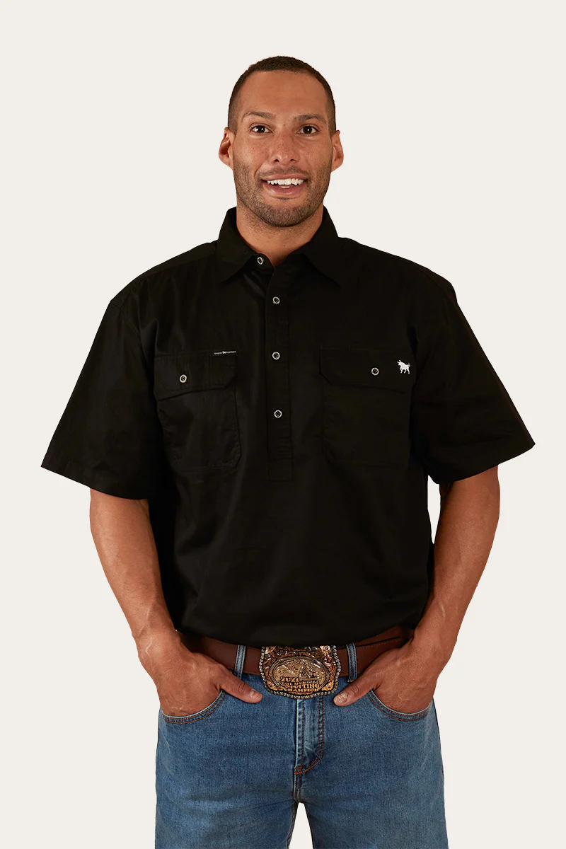 Pack Saddle Mens Short Sleeve Half Button Work Shirt - Black