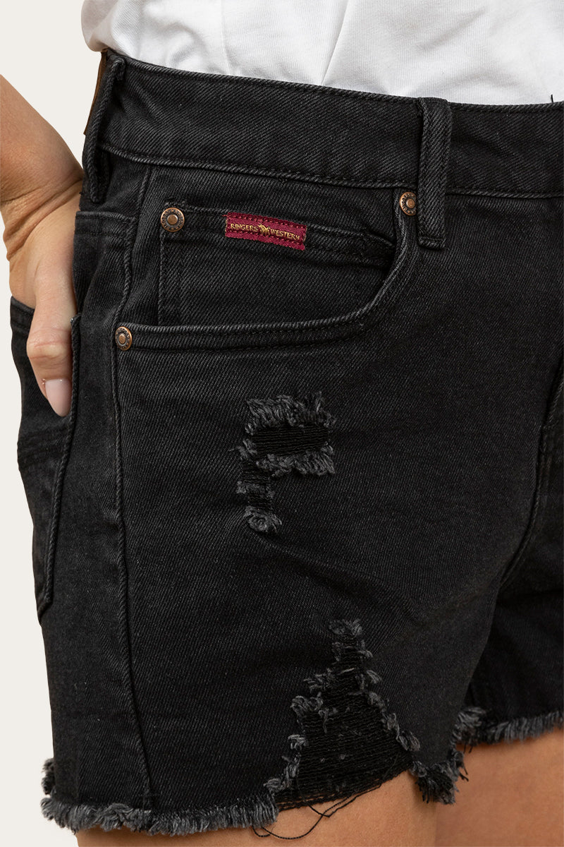Jessie Womens Mid Rise Ripped Denim Short - Black