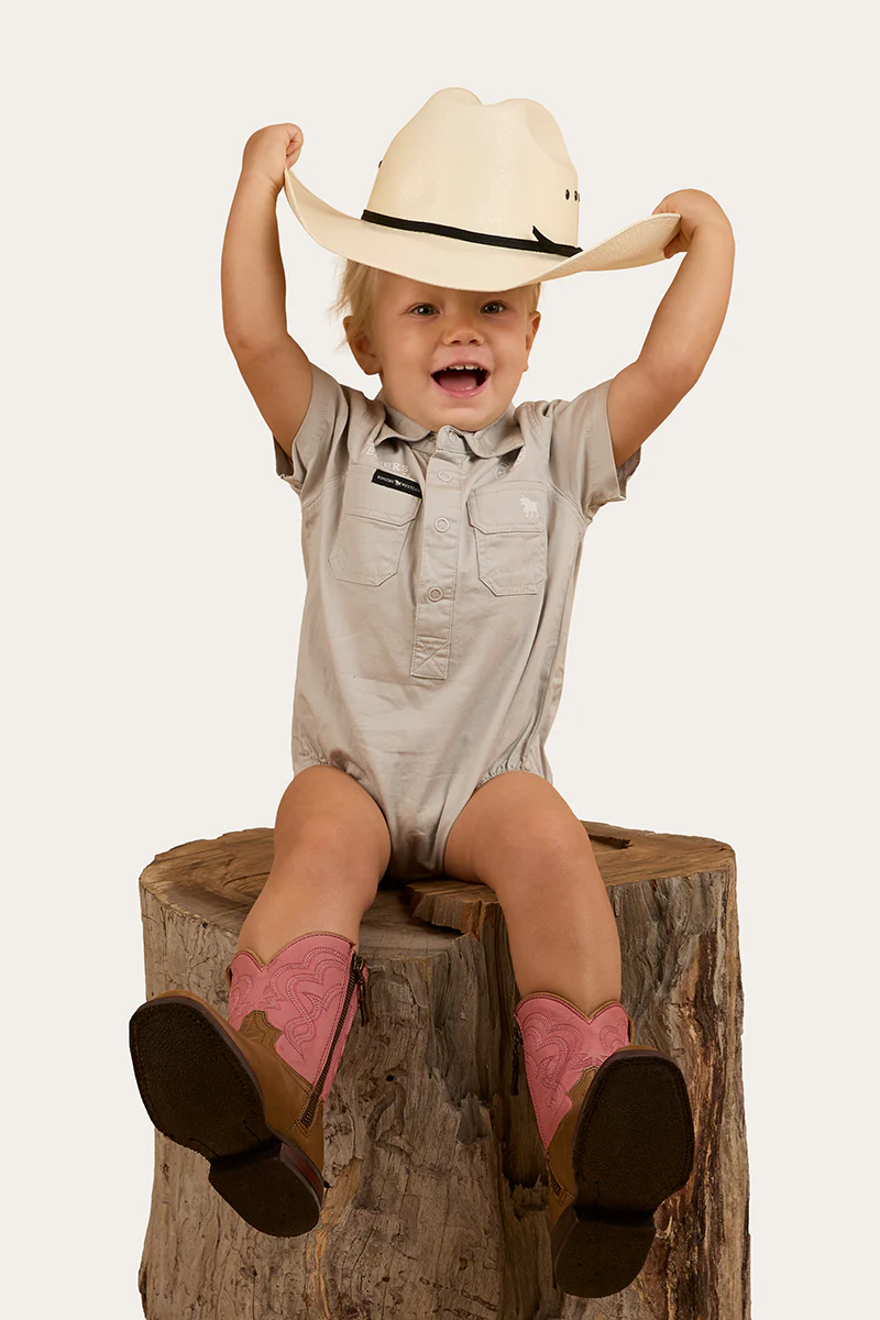 Ringers Babies Short Sleeve Work Shirt Romper - Beige