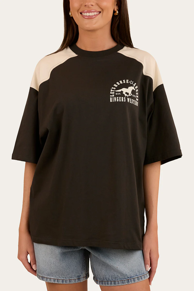 Lets Horse Around Womens Oversized T-Shirt - Washed Black / Off White