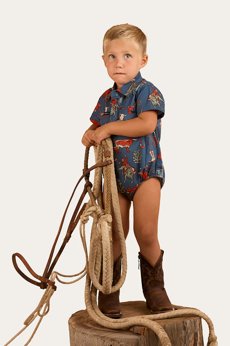 Mini Cowboy Babies Short Sleeve Work Shirt Romper - Yale Blue