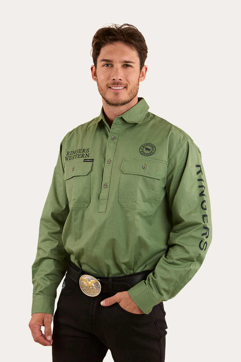 Hawkeye Mens Half Button Work Shirt - Cactus / Charcoal