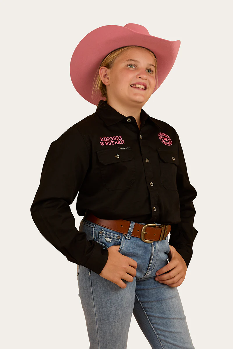 Jackaroo Kids Full Button Work Shirt - Black/Melon